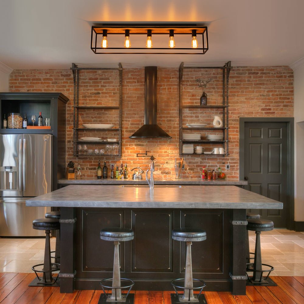 Montaje en Superficie Rectangular de Jaula de Madera de 5 Luces Estilo Granja