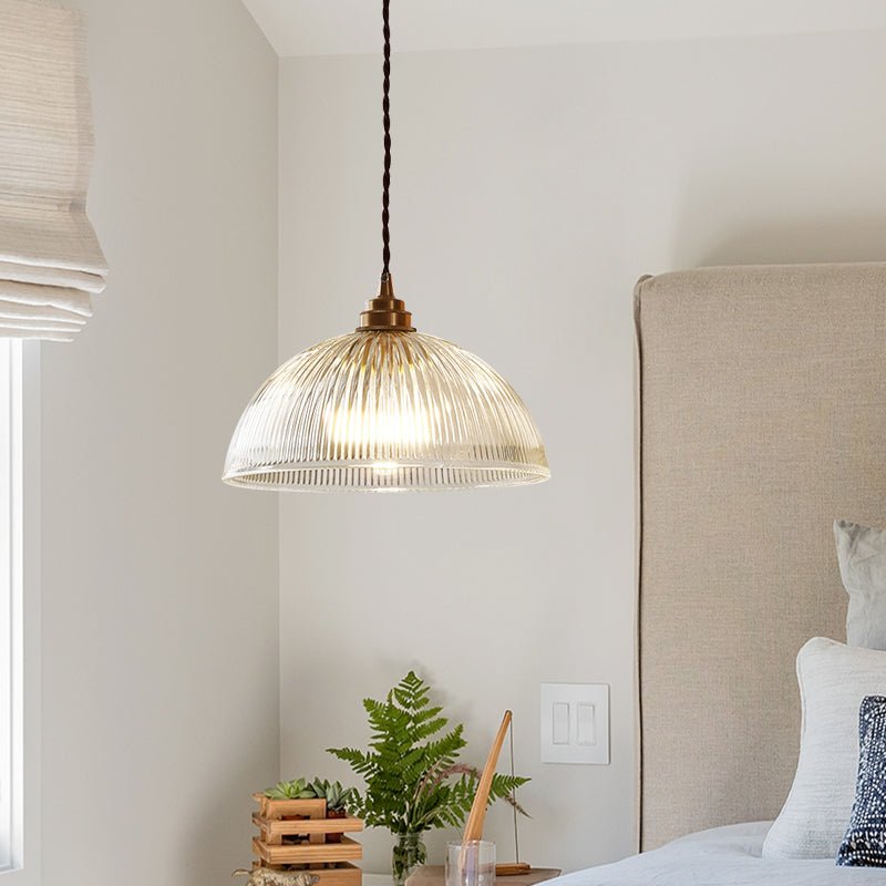 Lámpara Colgante de Vidrio Transparente con Forma de Cúpula Ribeteada, 1 Luz, Estilo Industrial de Granja