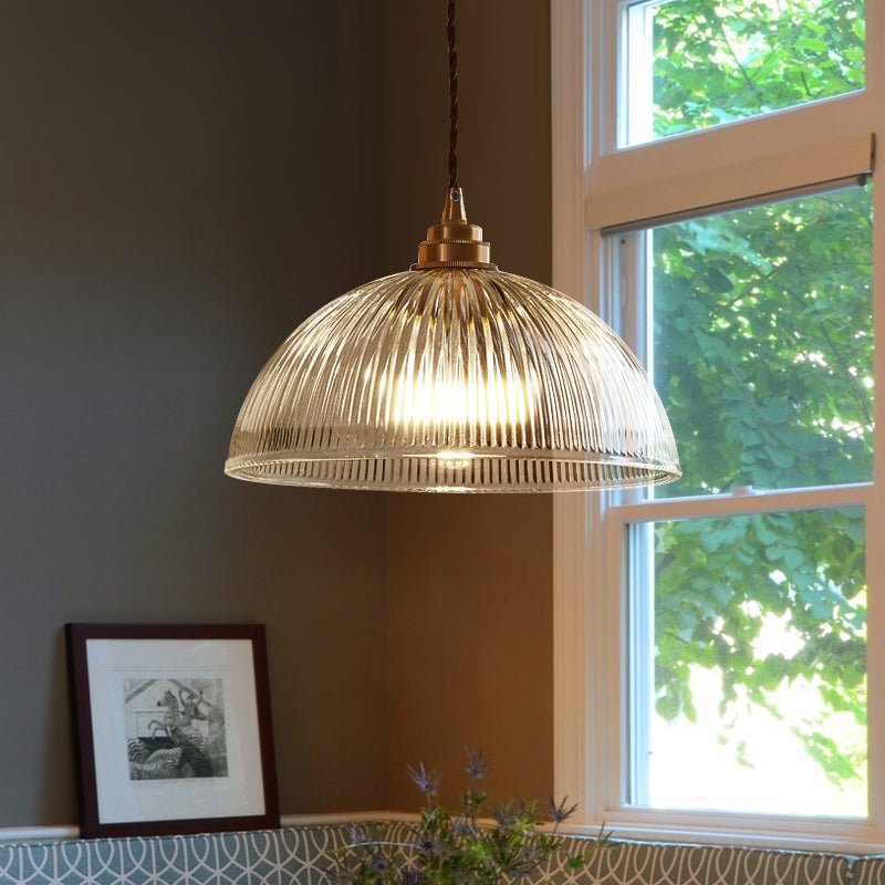 Lámpara Colgante de Vidrio Transparente con Forma de Cúpula Ribeteada, 1 Luz, Estilo Industrial de Granja