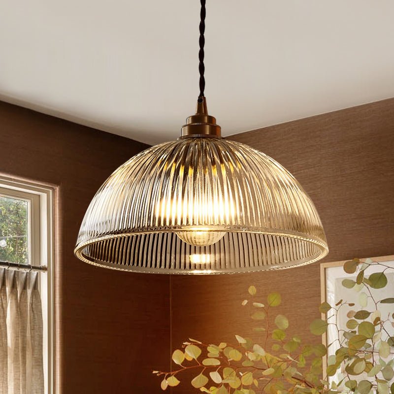 Lámpara Colgante de Vidrio Transparente con Forma de Cúpula Ribeteada, 1 Luz, Estilo Industrial de Granja