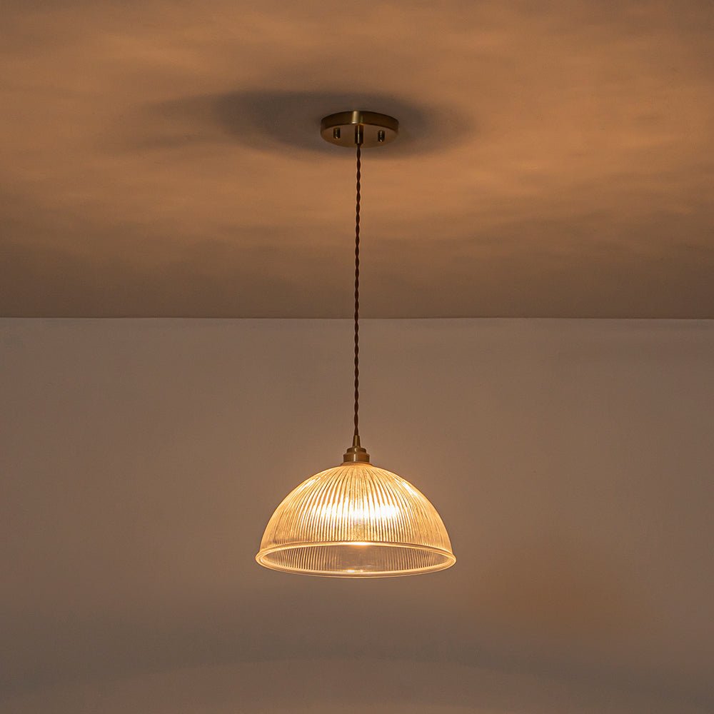 Lámpara Colgante de Vidrio Transparente con Forma de Cúpula Ribeteada, 1 Luz, Estilo Industrial de Granja