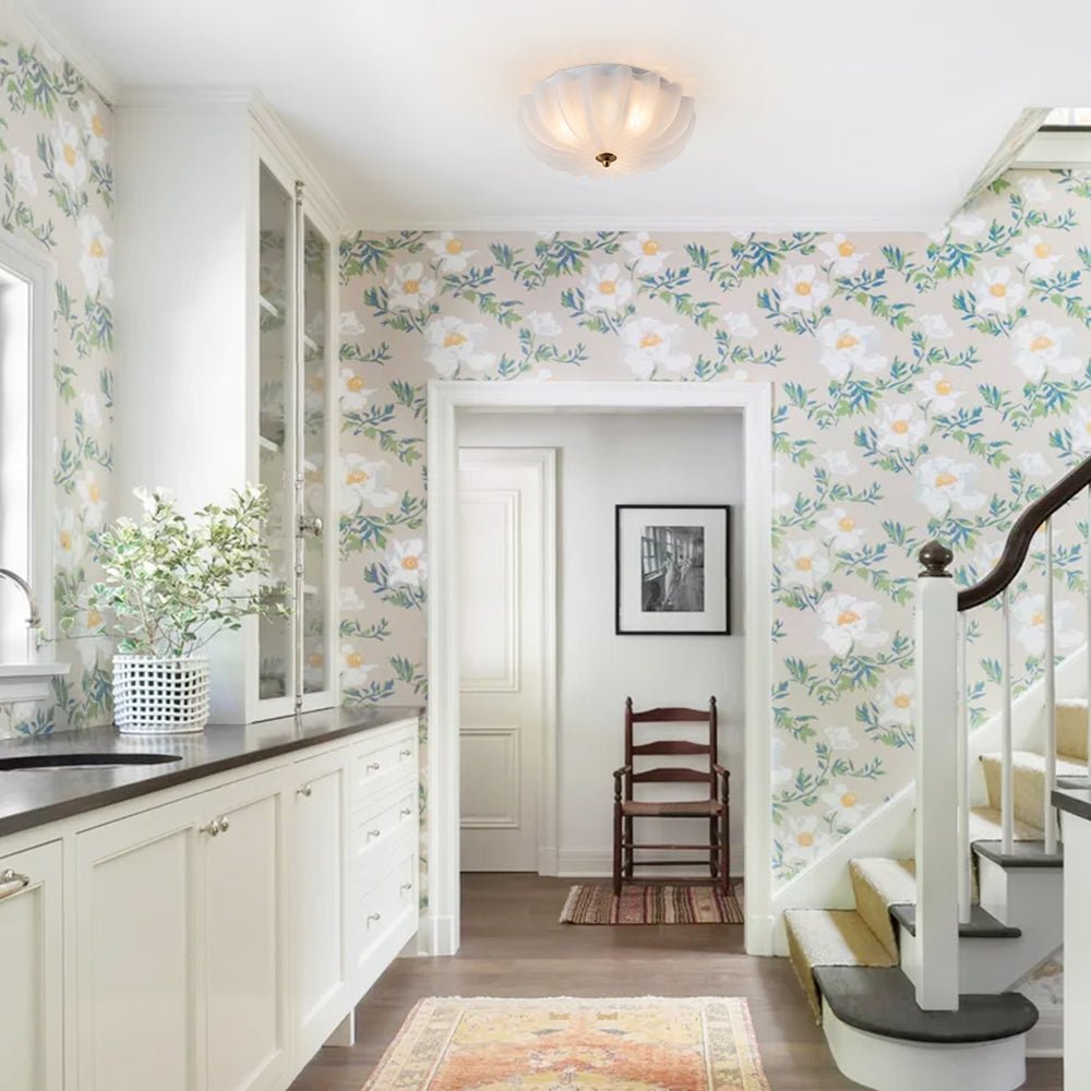Montaje Semi Flush Floral Crema Agrietado de 3 Luces Estilo Campestre Francés