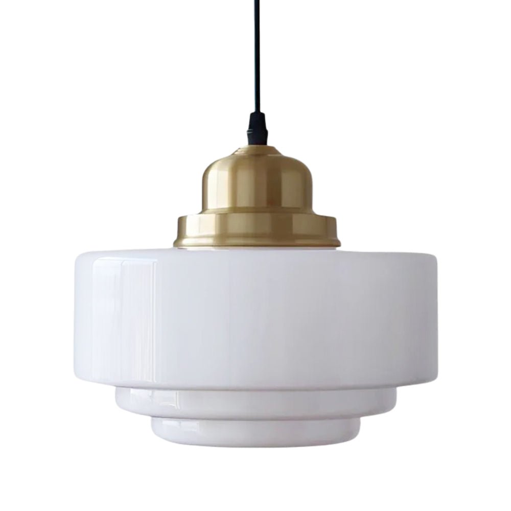 Lámpara Colgante de Vidrio Drum Escolar Vintage Francés de 1 Luz en Blanco Lechoso