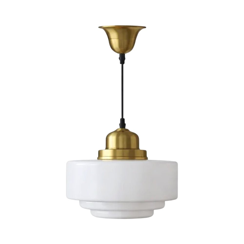 Lámpara Colgante de Vidrio Drum Escolar Vintage Francés de 1 Luz en Blanco Lechoso
