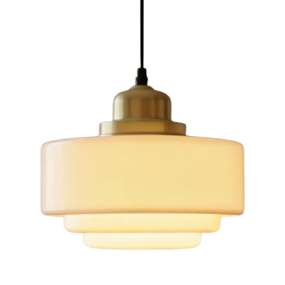 Lámpara Colgante de Vidrio Drum Escolar Vintage Francés de 1 Luz en Blanco Lechoso