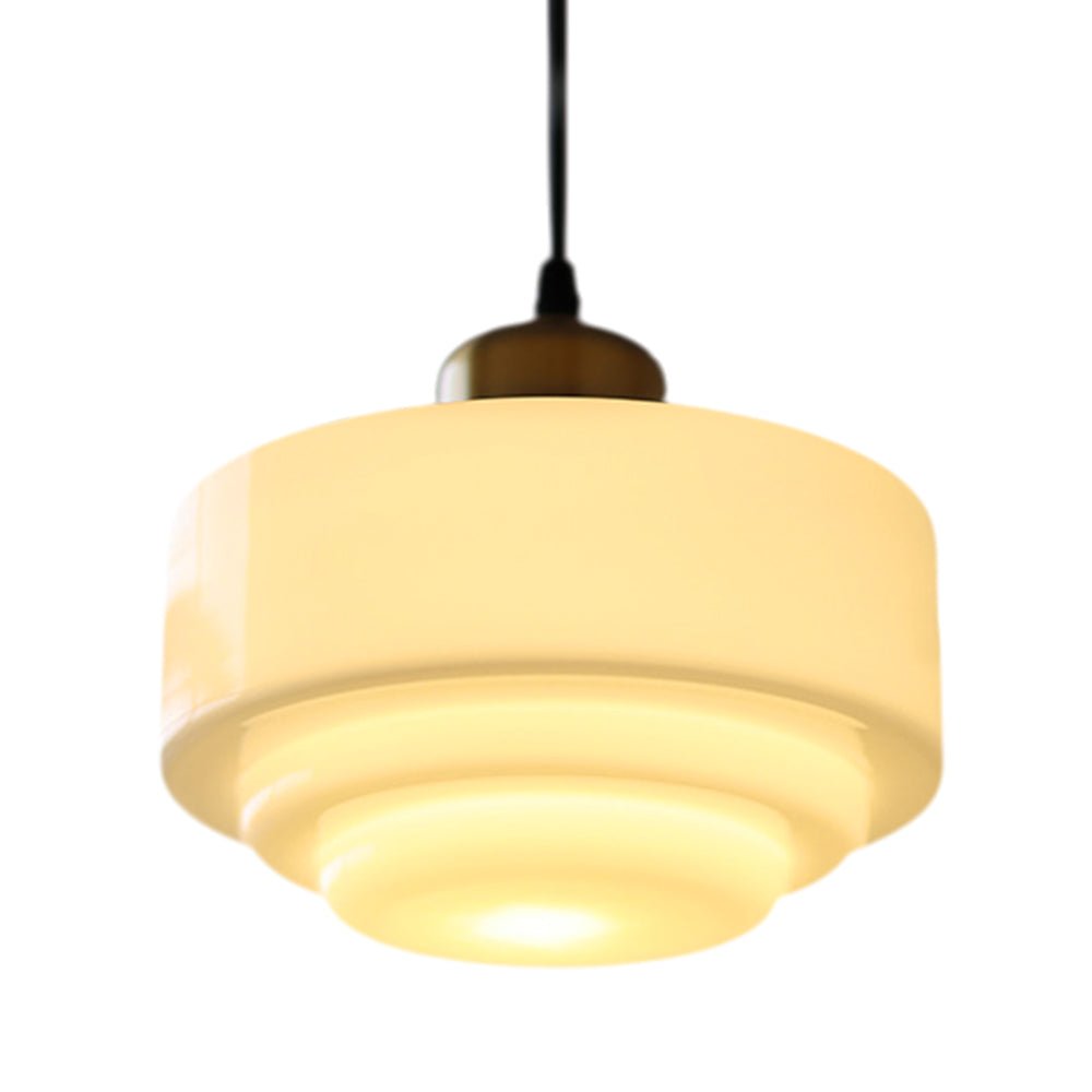 Lámpara Colgante de Vidrio Drum Escolar Vintage Francés de 1 Luz en Blanco Lechoso
