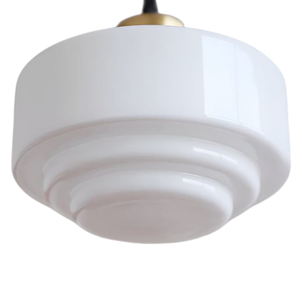 Lámpara Colgante de Vidrio Drum Escolar Vintage Francés de 1 Luz en Blanco Lechoso