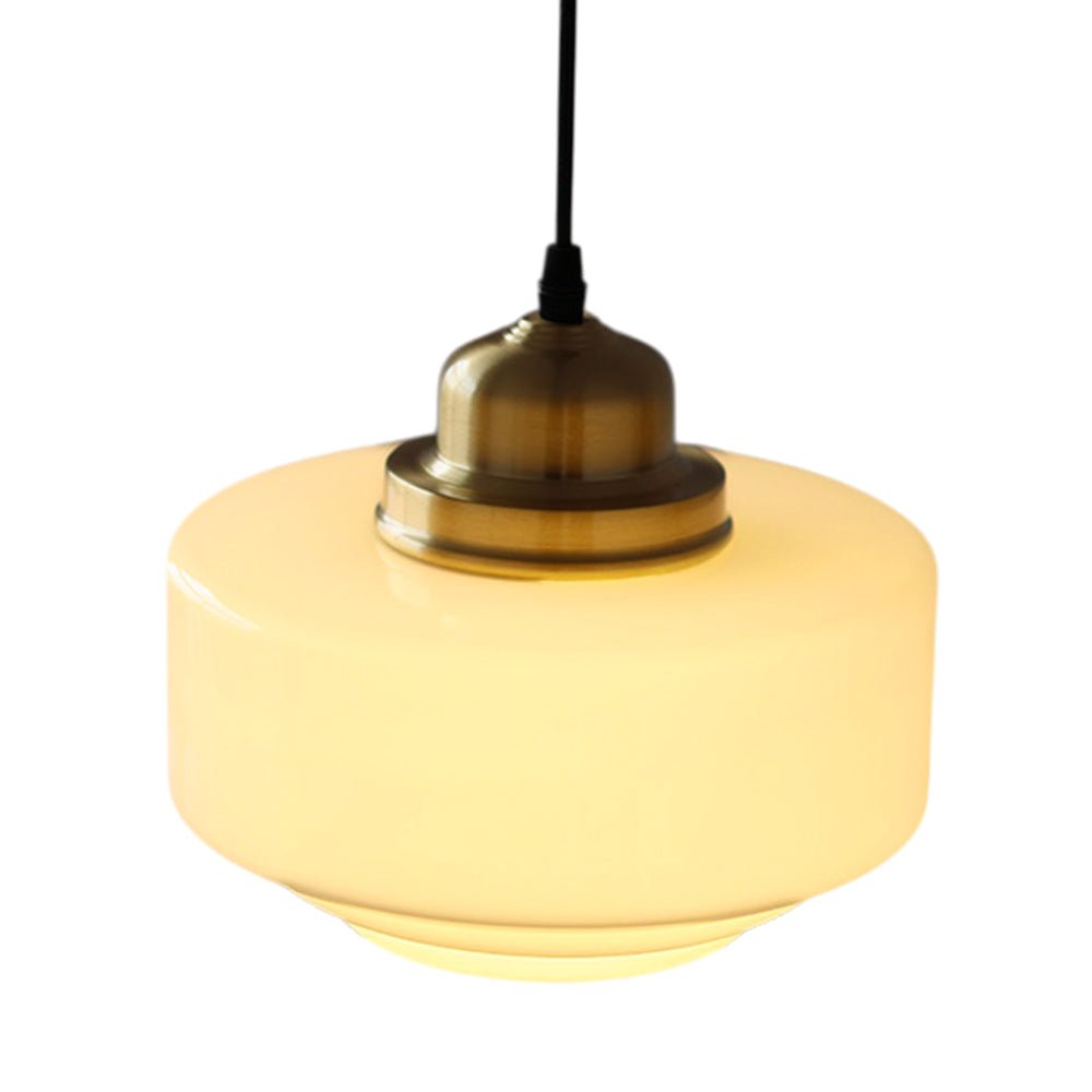 Lámpara Colgante de Vidrio Drum Escolar Vintage Francés de 1 Luz en Blanco Lechoso