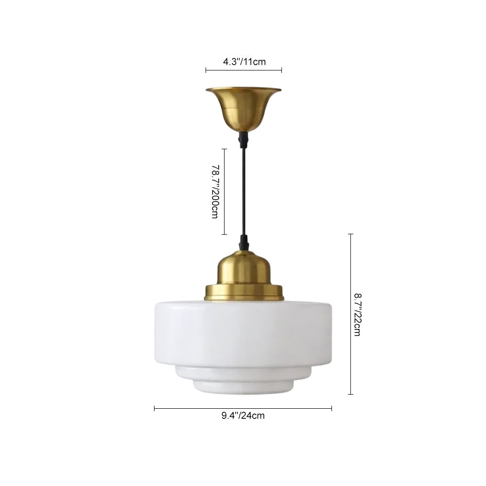 Lámpara Colgante de Vidrio Drum Escolar Vintage Francés de 1 Luz en Blanco Lechoso