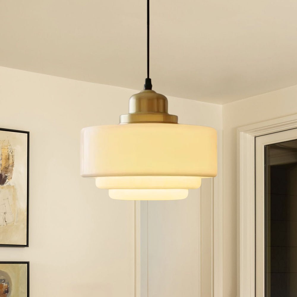 Lámpara Colgante de Vidrio Drum Escolar Vintage Francés de 1 Luz en Blanco Lechoso