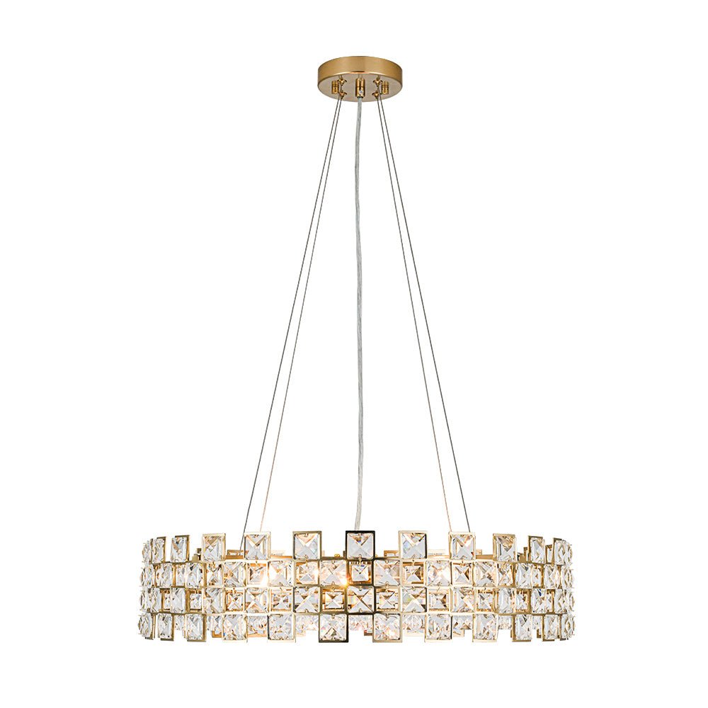 Lujoso candelabro redondo de tambor con 8 luces y diseño hueco de cristales facetados