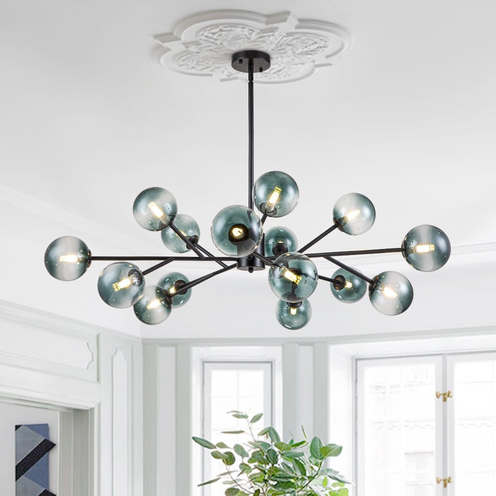 Araña de burbujas de vidrio azul degradado de 15 luces estilo Mid-Century