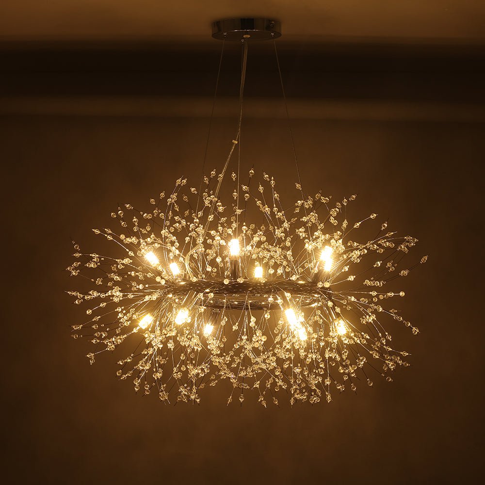 Moderno candelabro redondo de diente de león con 12 luces y cristales de fuegos artificiales