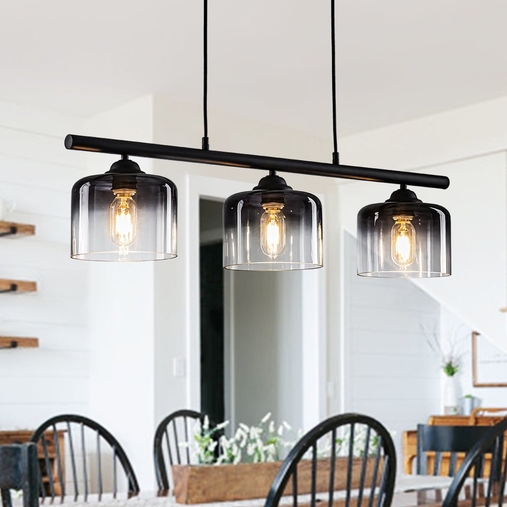Moderna Lámpara Colgante Lineal de 3 Luces con Pantallas de Campana en Gris Gradiente para Isla de Cocina