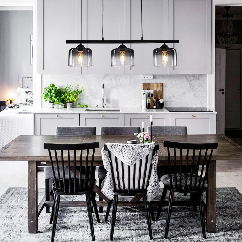 Moderna Lámpara Colgante Lineal de 3 Luces con Pantallas de Campana en Gris Gradiente para Isla de Cocina