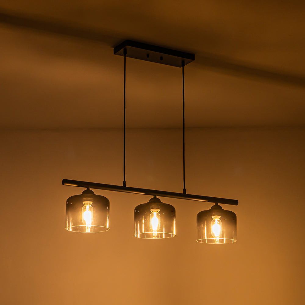 Moderna Lámpara Colgante Lineal de 3 Luces con Pantallas de Campana en Gris Gradiente para Isla de Cocina