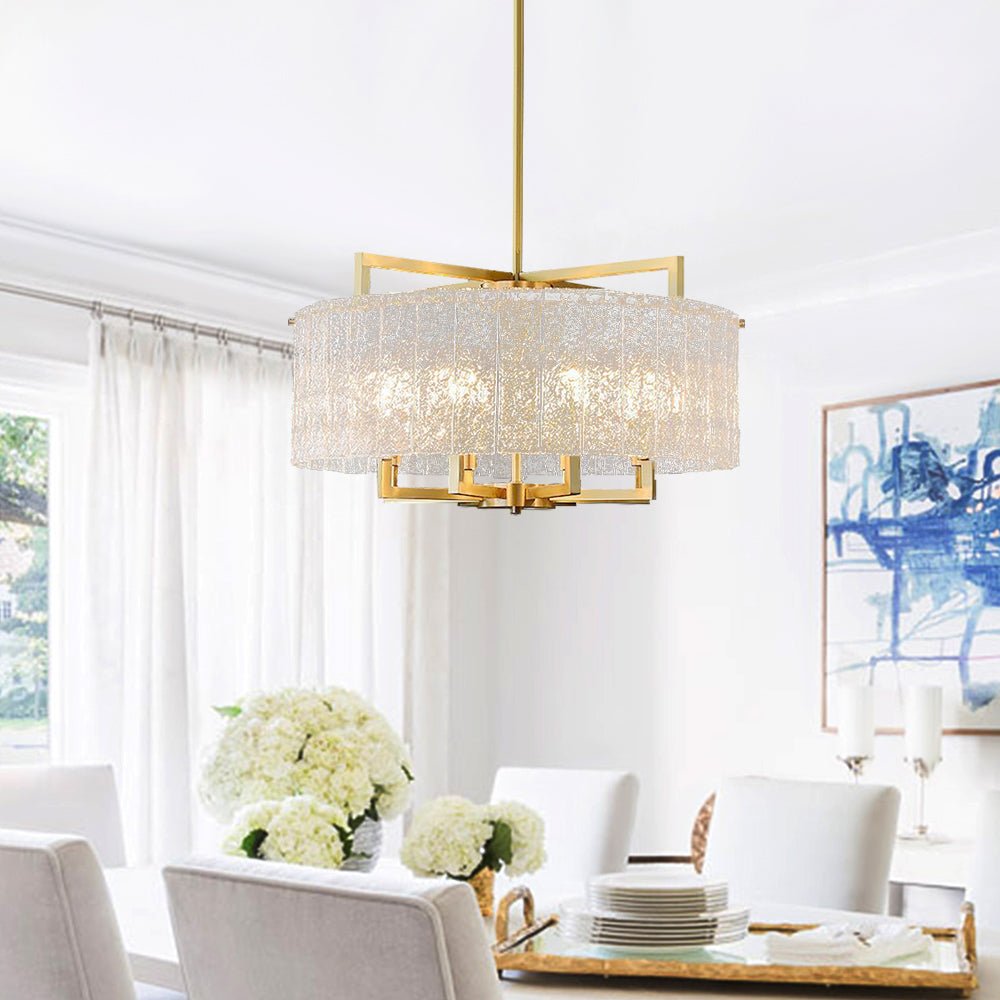 Moderno candelabro de tambor con 6 luces y vidrio texturizado de agua
