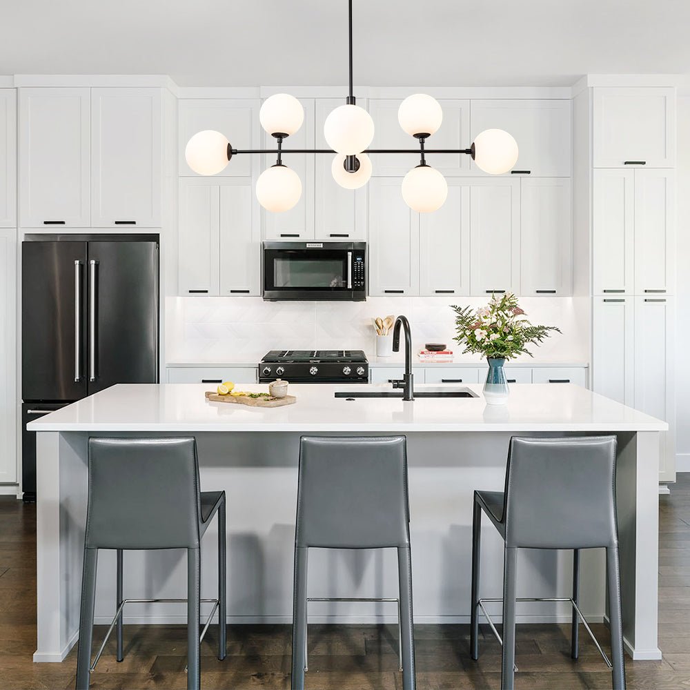 Moderno candelabro lineal de cocina de 8 luces en opal