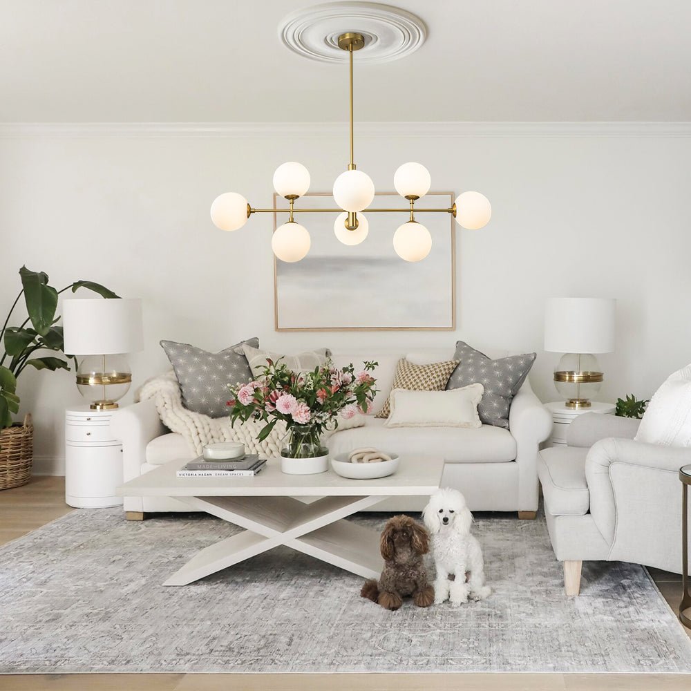 Moderno candelabro lineal de cocina de 8 luces en opal