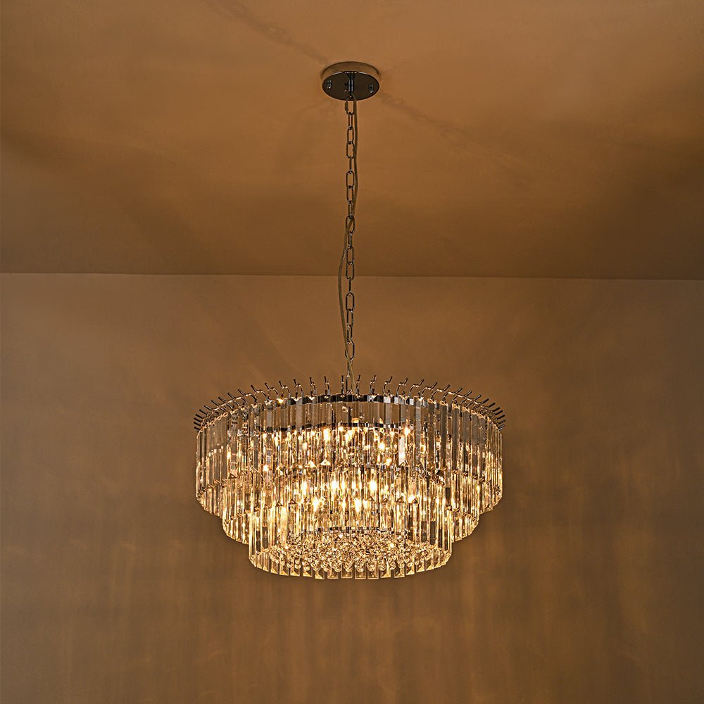 Moderno candelabro redondo de 9 luces en forma de tambor de 3 niveles con cristal