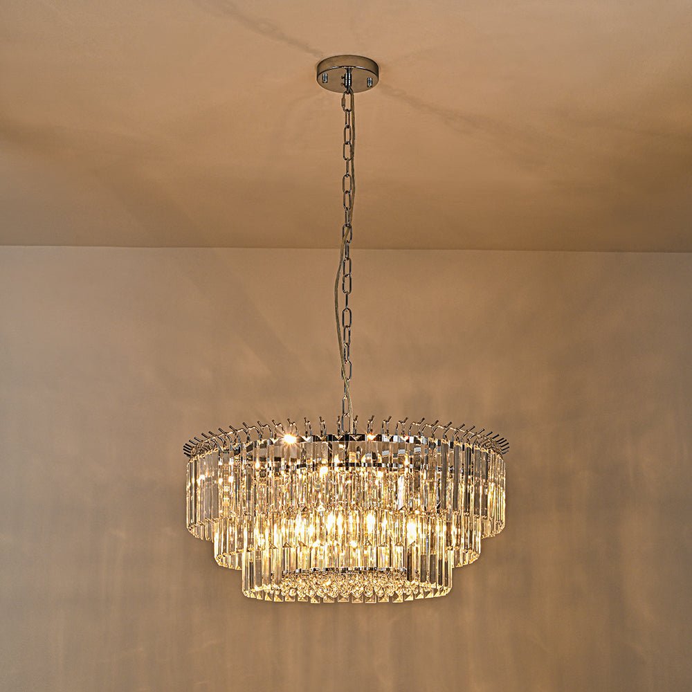 Moderno candelabro redondo de 9 luces en forma de tambor de 3 niveles con cristal
