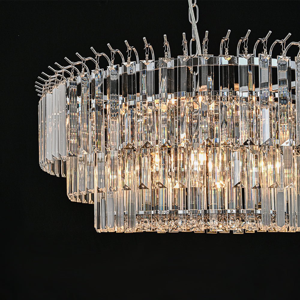 Moderno candelabro redondo de 9 luces en forma de tambor de 3 niveles con cristal