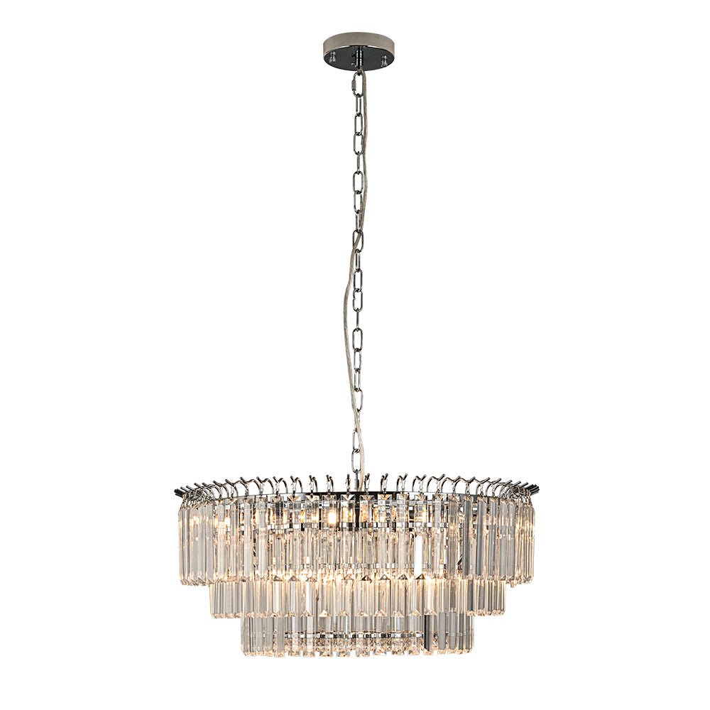 Moderno candelabro redondo de 9 luces en forma de tambor de 3 niveles con cristal