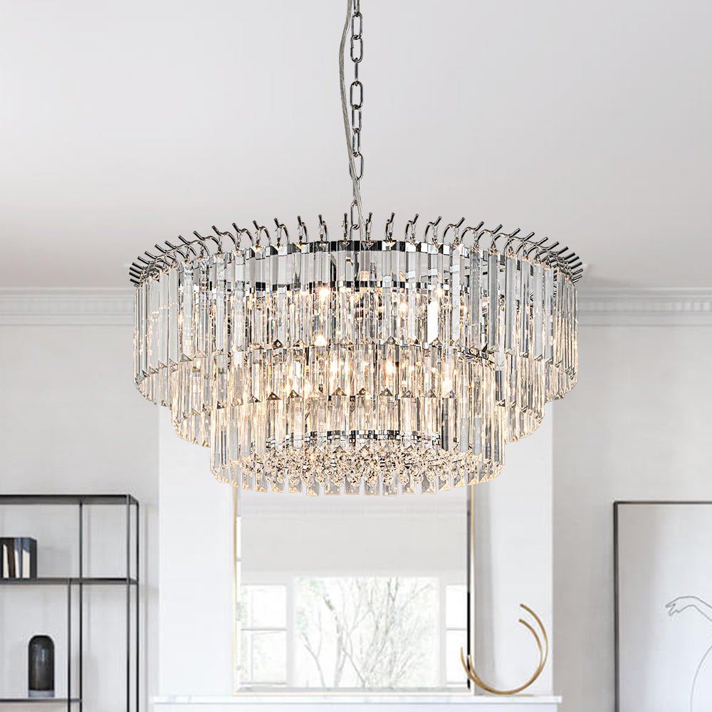 Moderno candelabro redondo de 9 luces en forma de tambor de 3 niveles con cristal