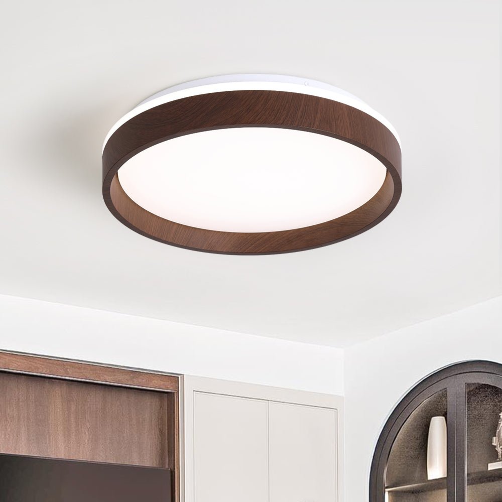 Moderna Luz de Techo Redonda LED Texturizada de Madera de Nogal