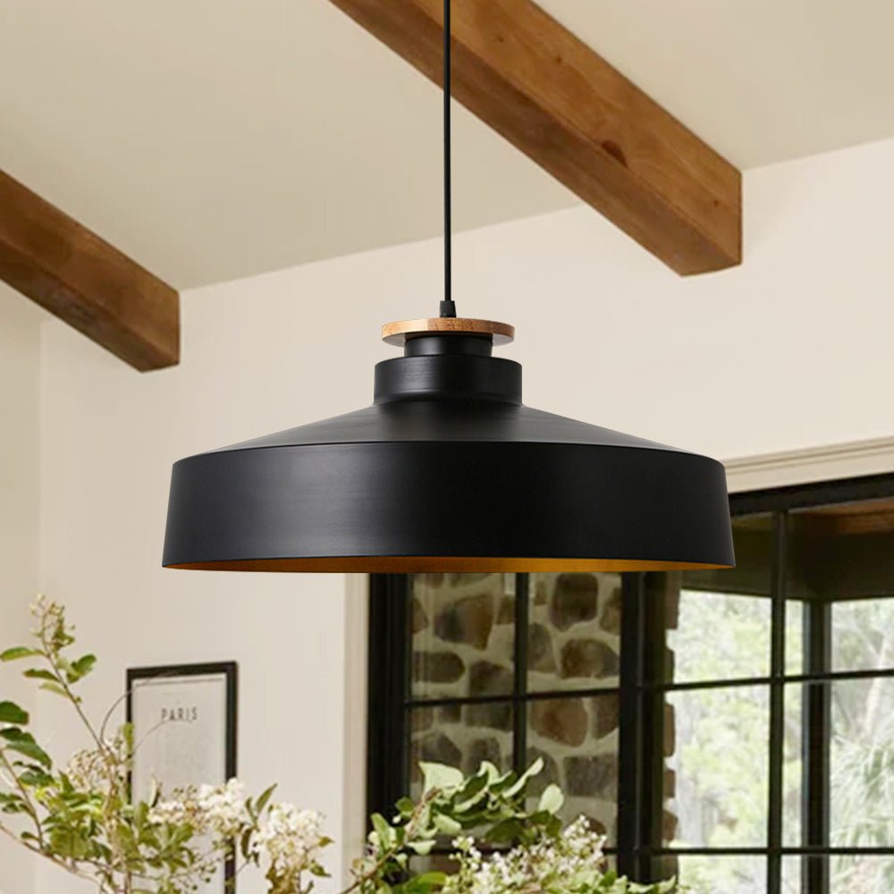 Lámpara colgante de cúpula plana con acentos de madera de 1 luz estilo nórdico para isla de cocina