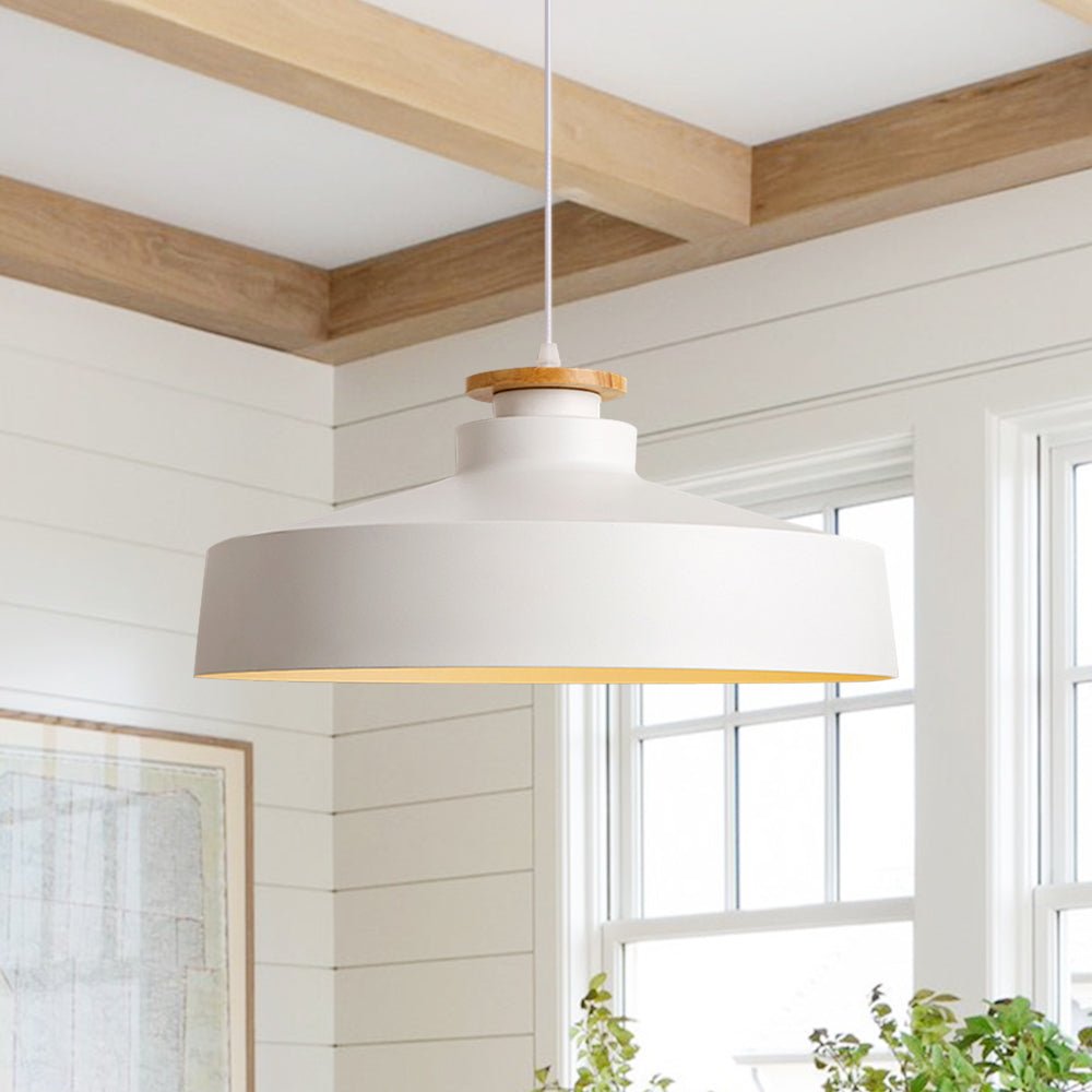 Lámpara colgante de cúpula plana con acentos de madera de 1 luz estilo nórdico para isla de cocina