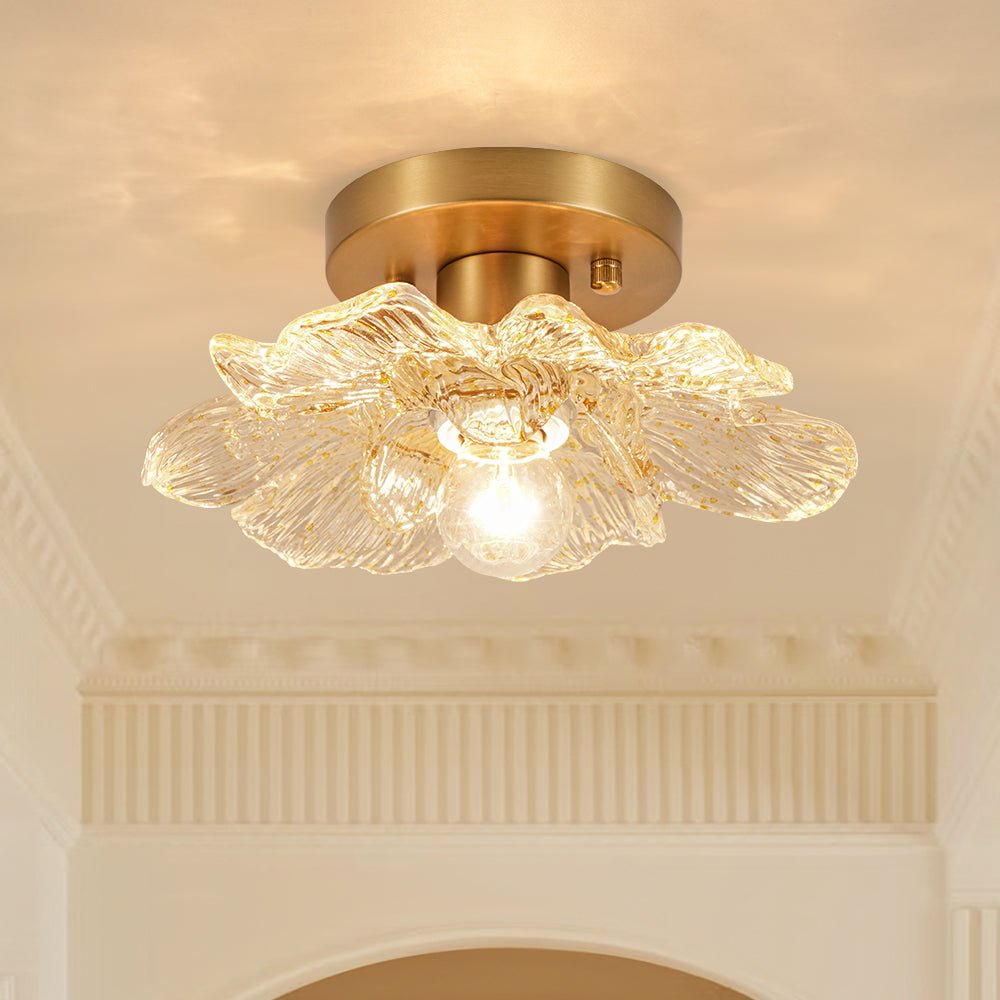 Retro Francés 1-Luz Montaje Semisuspendido de Vidrio con Motivos Dorados de Pétalos de Peonía