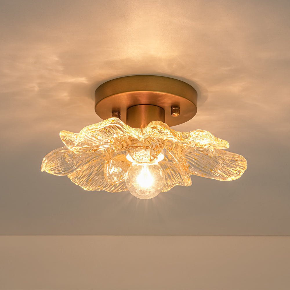 Retro Francés 1-Luz Montaje Semisuspendido de Vidrio con Motivos Dorados de Pétalos de Peonía