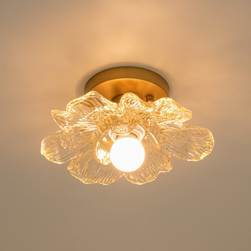 Retro Francés 1-Luz Montaje Semisuspendido de Vidrio con Motivos Dorados de Pétalos de Peonía