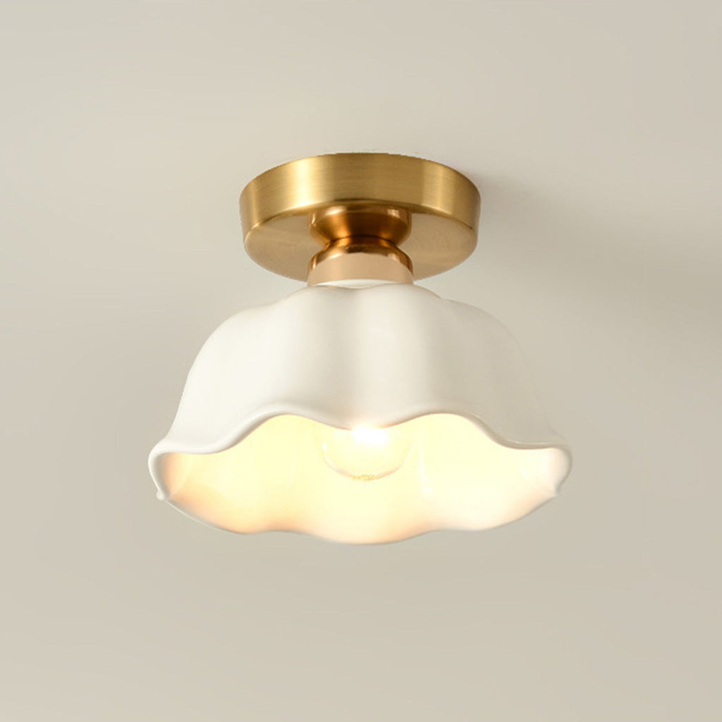 Luz de Techo de Cerámica Blanca con Diseño de Flor Escallopada Retro Minimalista de 1 Luz