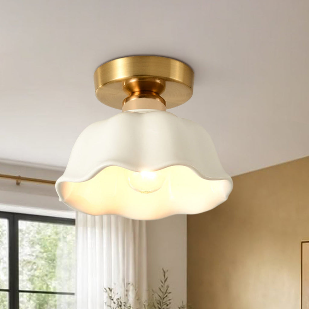 Luz de Techo de Cerámica Blanca con Diseño de Flor Escallopada Retro Minimalista de 1 Luz