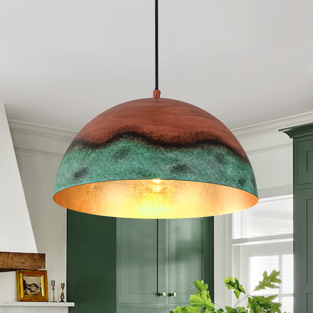 Lámpara Colgante Cúpula de Cobre y Verde Pintado, Estilo Rústico de Granja con 1 Luz