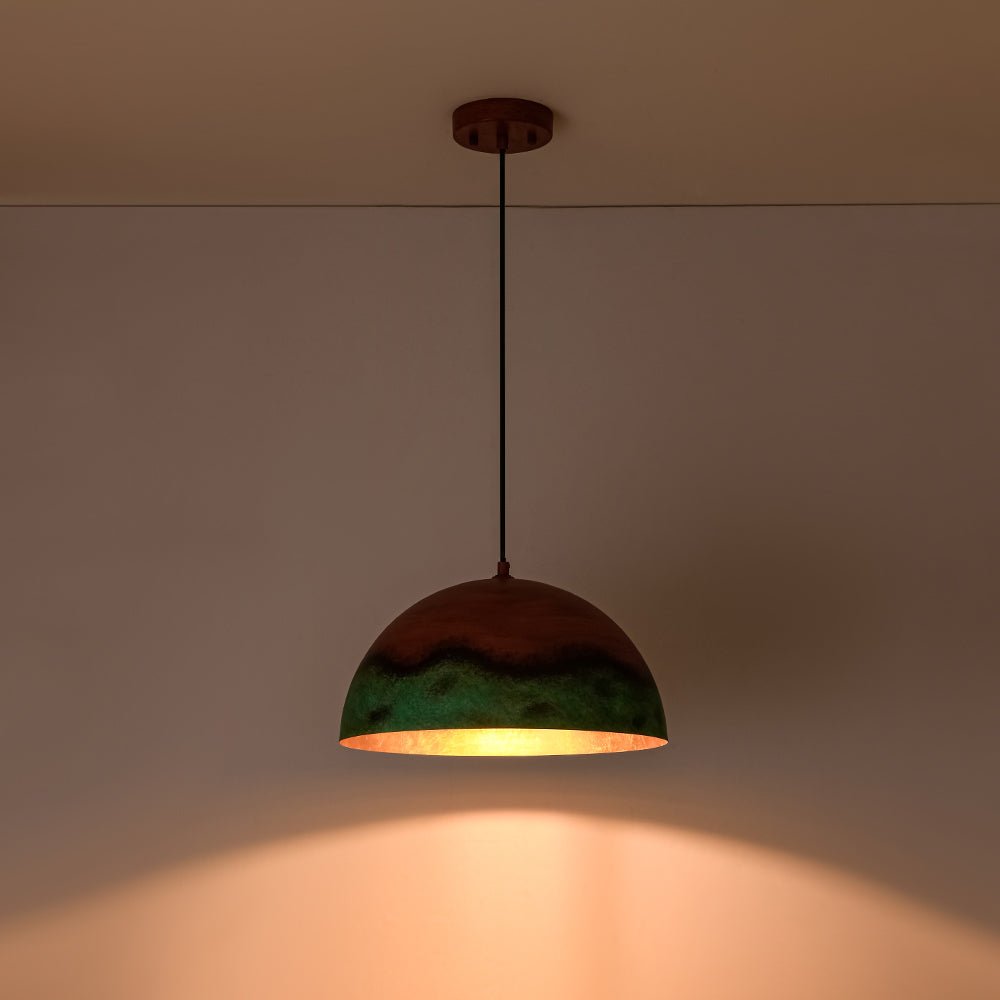 Lámpara Colgante Cúpula de Cobre y Verde Pintado, Estilo Rústico de Granja con 1 Luz