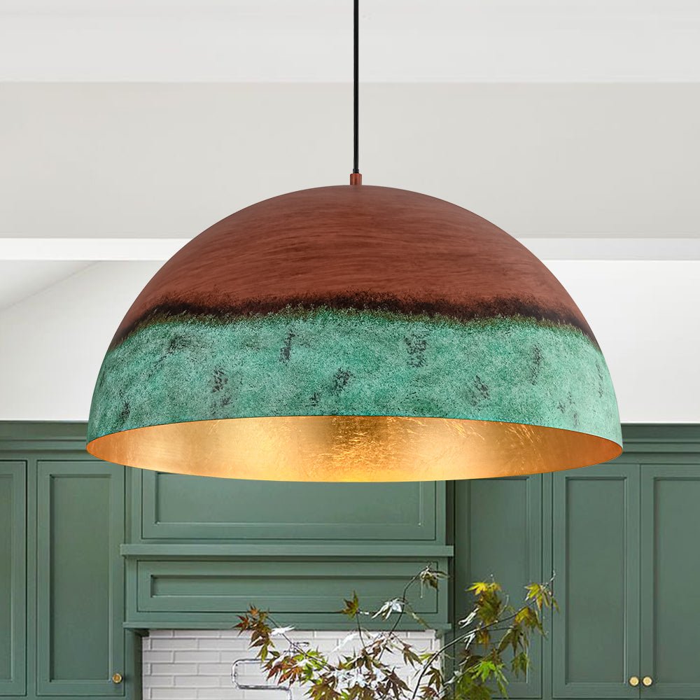 Lámpara Colgante Cúpula de Cobre y Verde Pintado, Estilo Rústico de Granja con 1 Luz