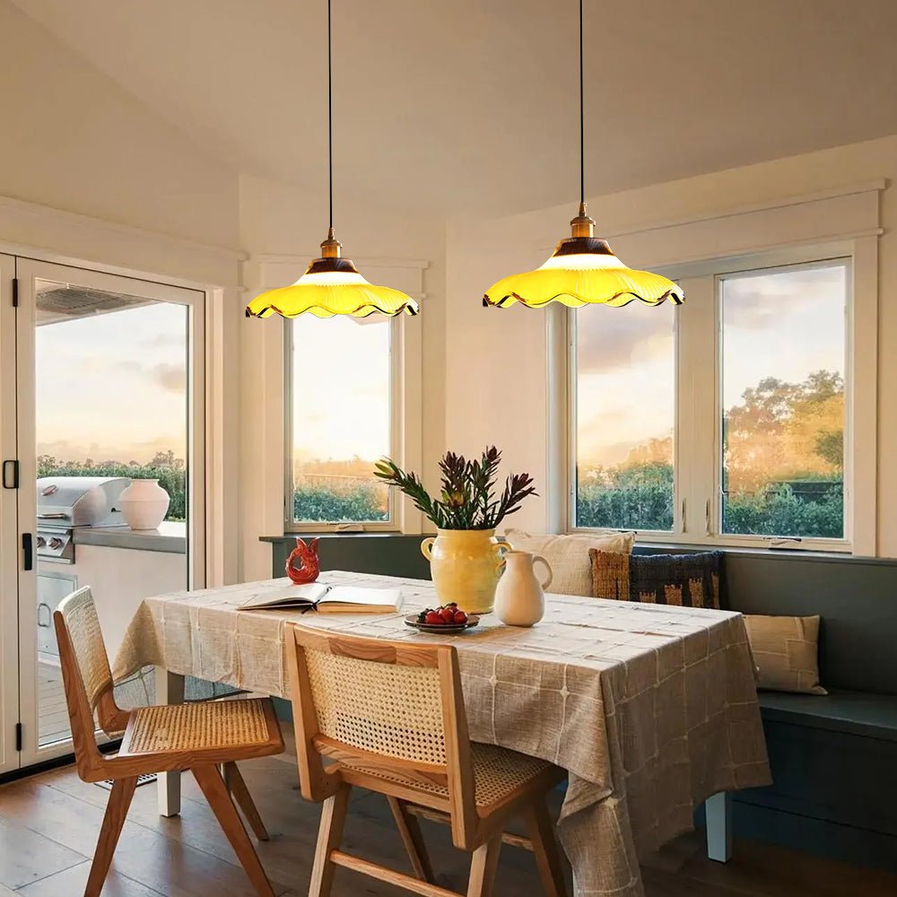Lámpara colgante vintage de vidrio estriado en dos tonos con forma de flor y 1 luz
