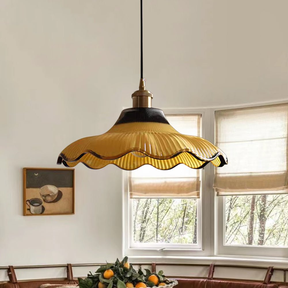 Lámpara colgante vintage de vidrio estriado en dos tonos con forma de flor y 1 luz