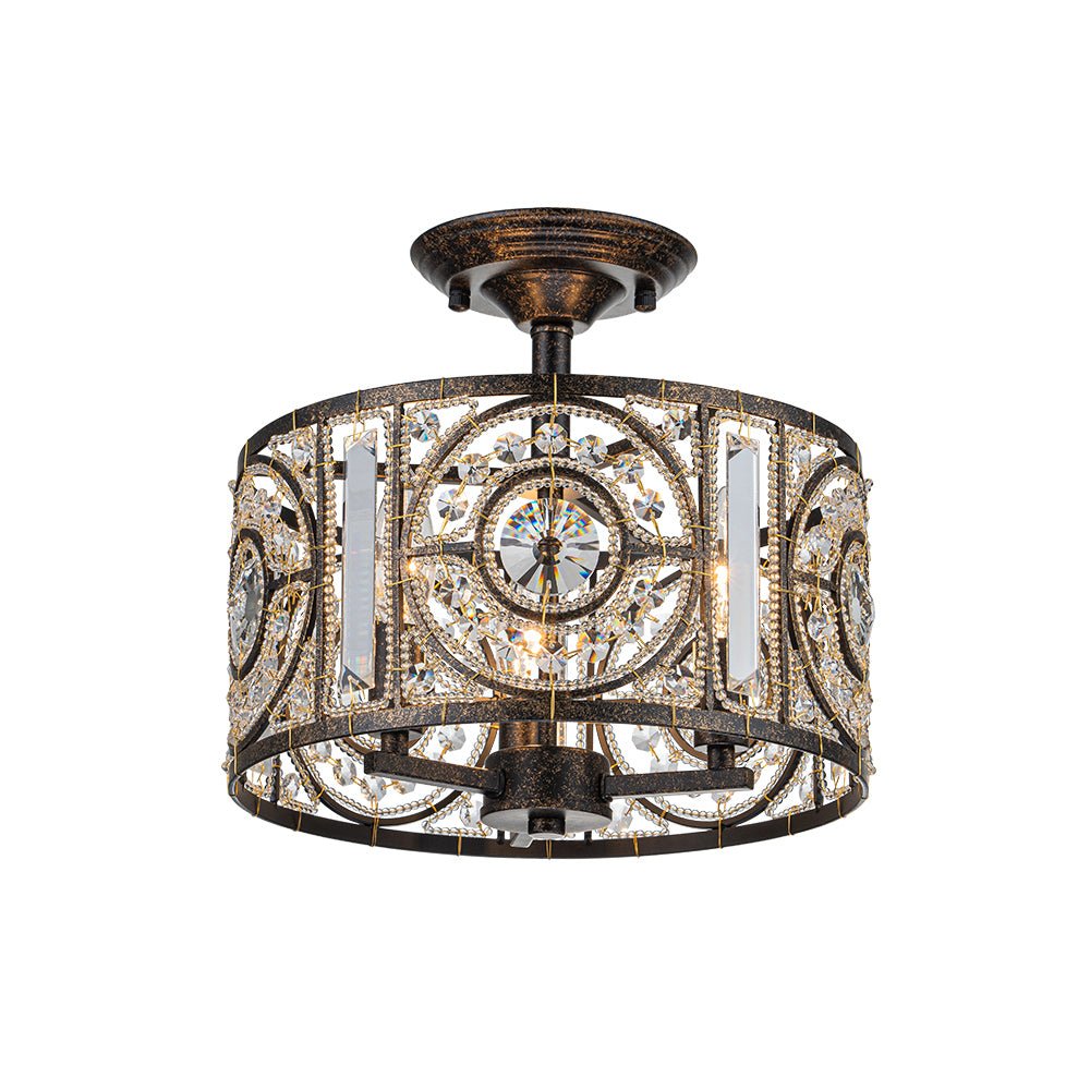 Luz de Techo Semi Drum Vintage de 3 Luces con Acento de Cristal