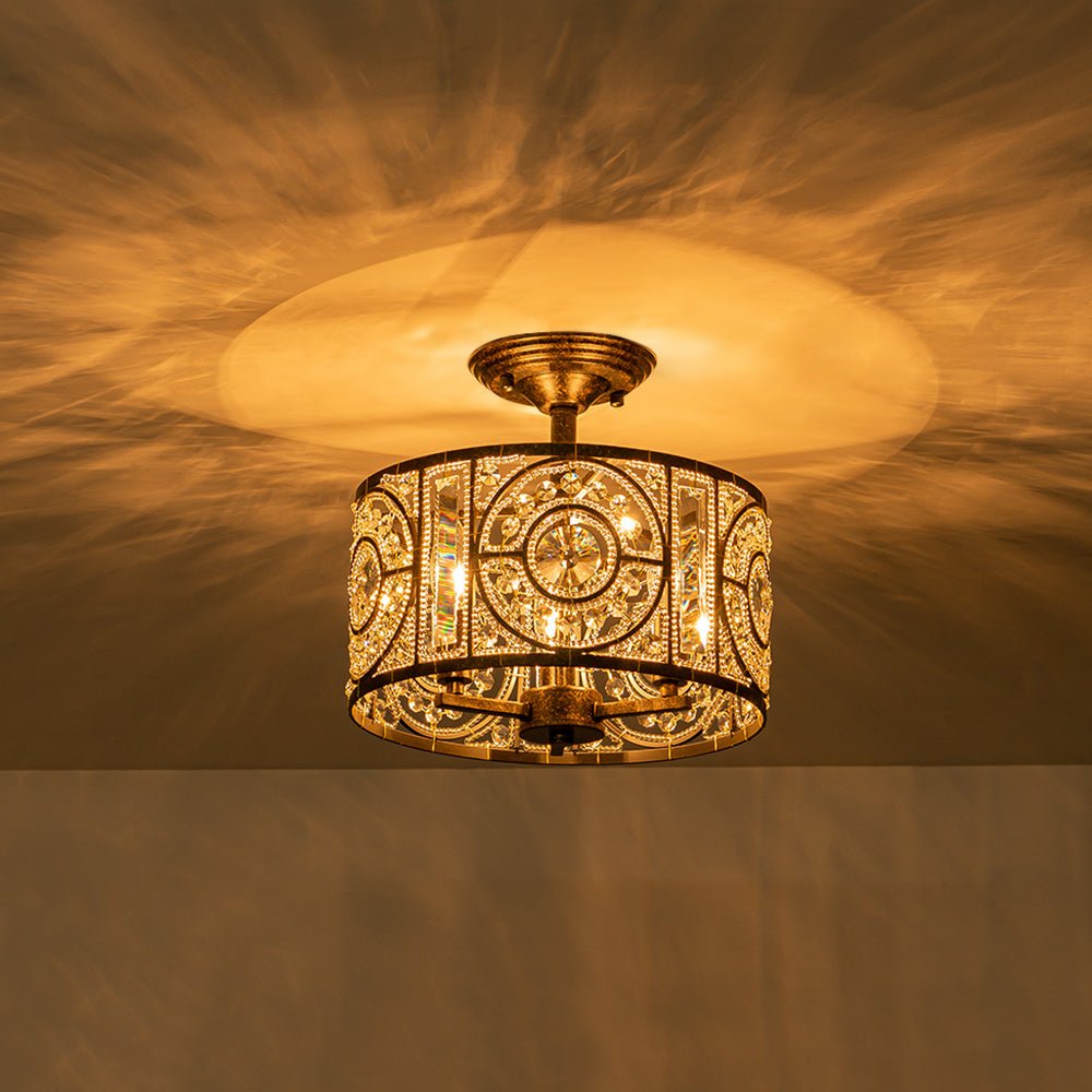 Luz de Techo Semi Drum Vintage de 3 Luces con Acento de Cristal