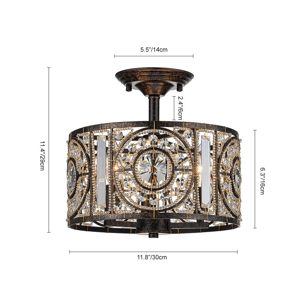 Luz de Techo Semi Drum Vintage de 3 Luces con Acento de Cristal