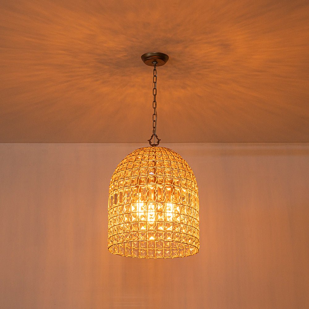 Luz Colgante de Jaula de Pájaro con Acentos de Cristal Vintage