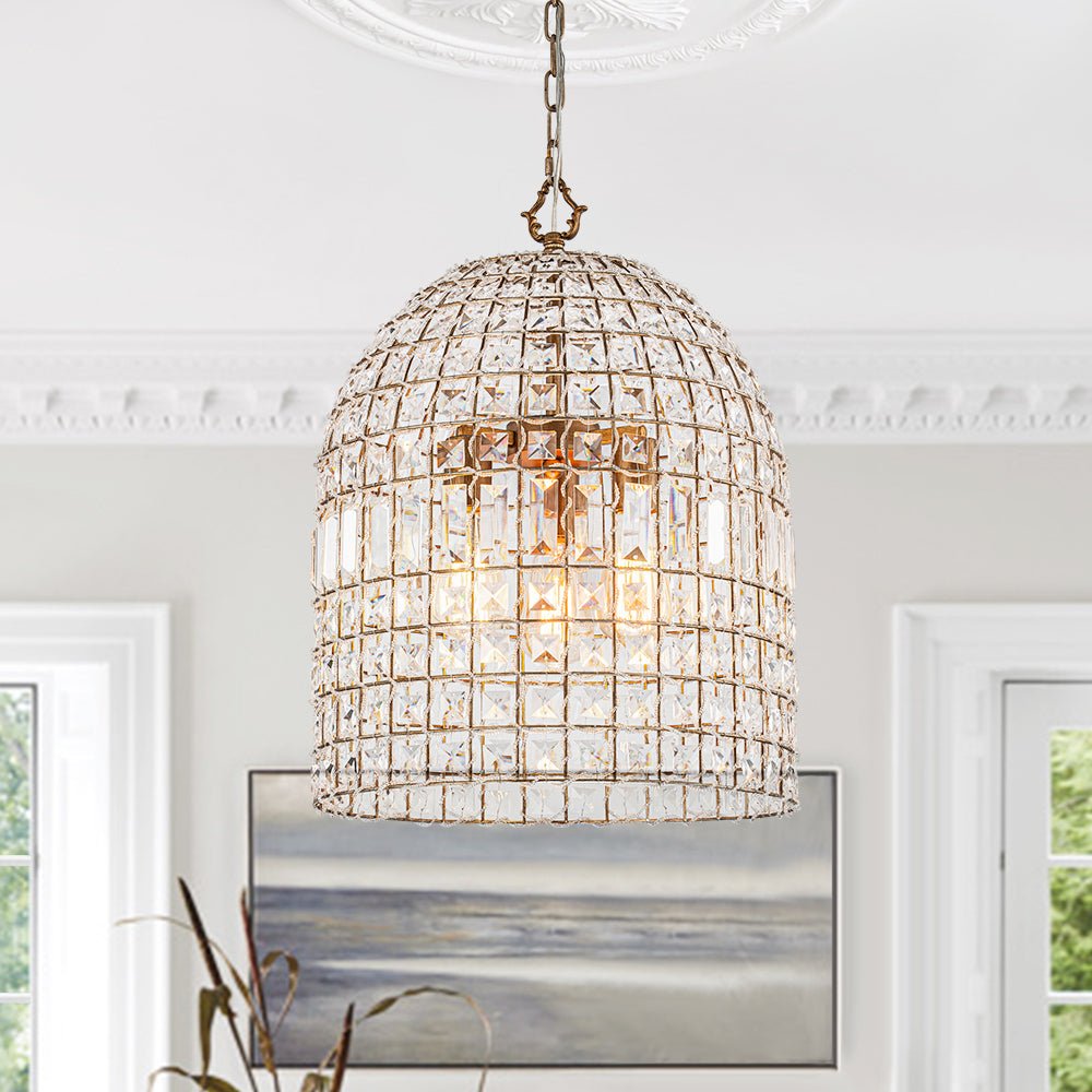 Luz Colgante de Jaula de Pájaro con Acentos de Cristal Vintage