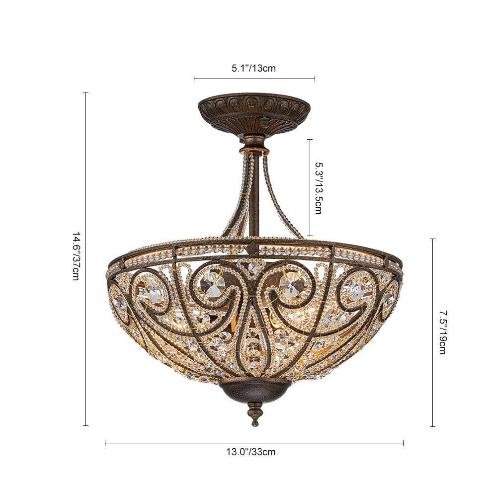 Luz de Techo Semi Flush de Cristal en Forma de Tazón de Lujo Vintage de 3 Luces