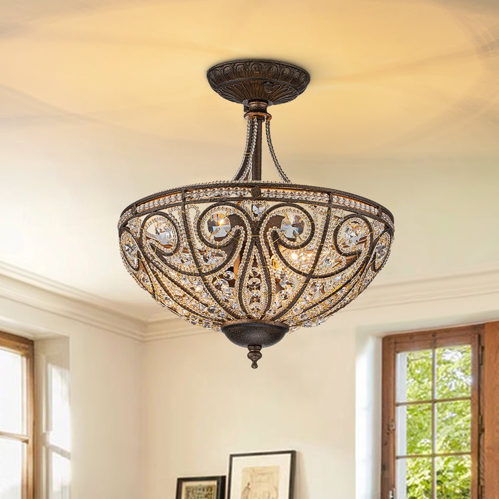 Luz de Techo Semi Flush de Cristal en Forma de Tazón de Lujo Vintage de 3 Luces