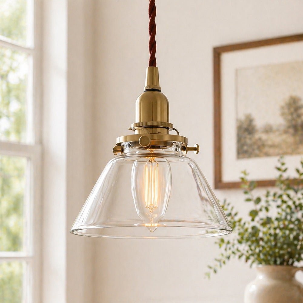 Lámpara colgante de campana de vidrio plisado claro retro vintage de 1 luz