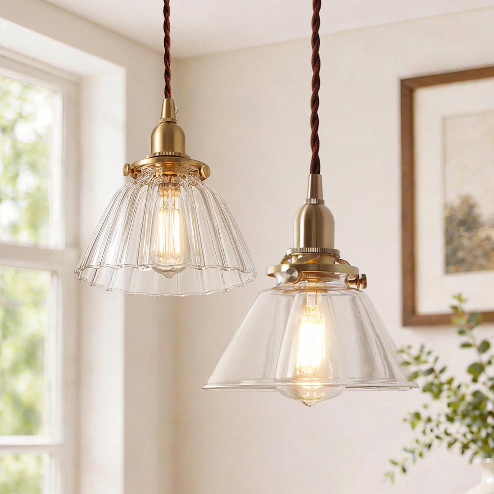 Lámpara colgante de campana de vidrio plisado claro retro vintage de 1 luz